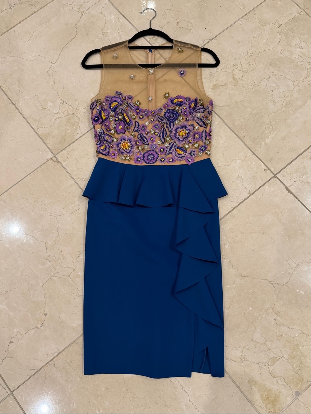 Beaded Illusion Bodice Blue Peplum Mini Dress